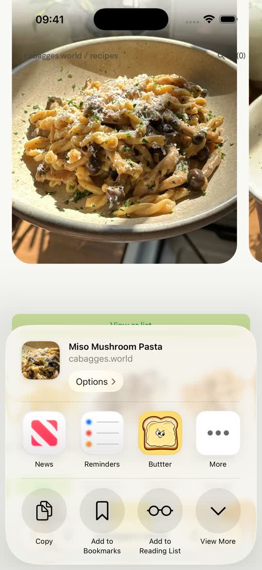 Sharing a cooking video into Buttter, which writes it out as a recipe